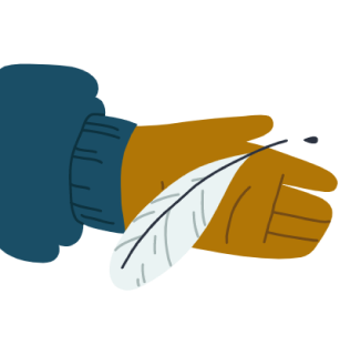 A hand offering up a feathered quill